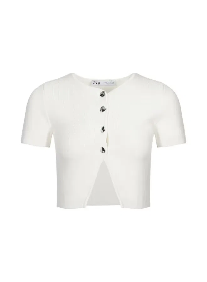 Топ трикотажный с коротким рукавом Zara, белый — фото 2
