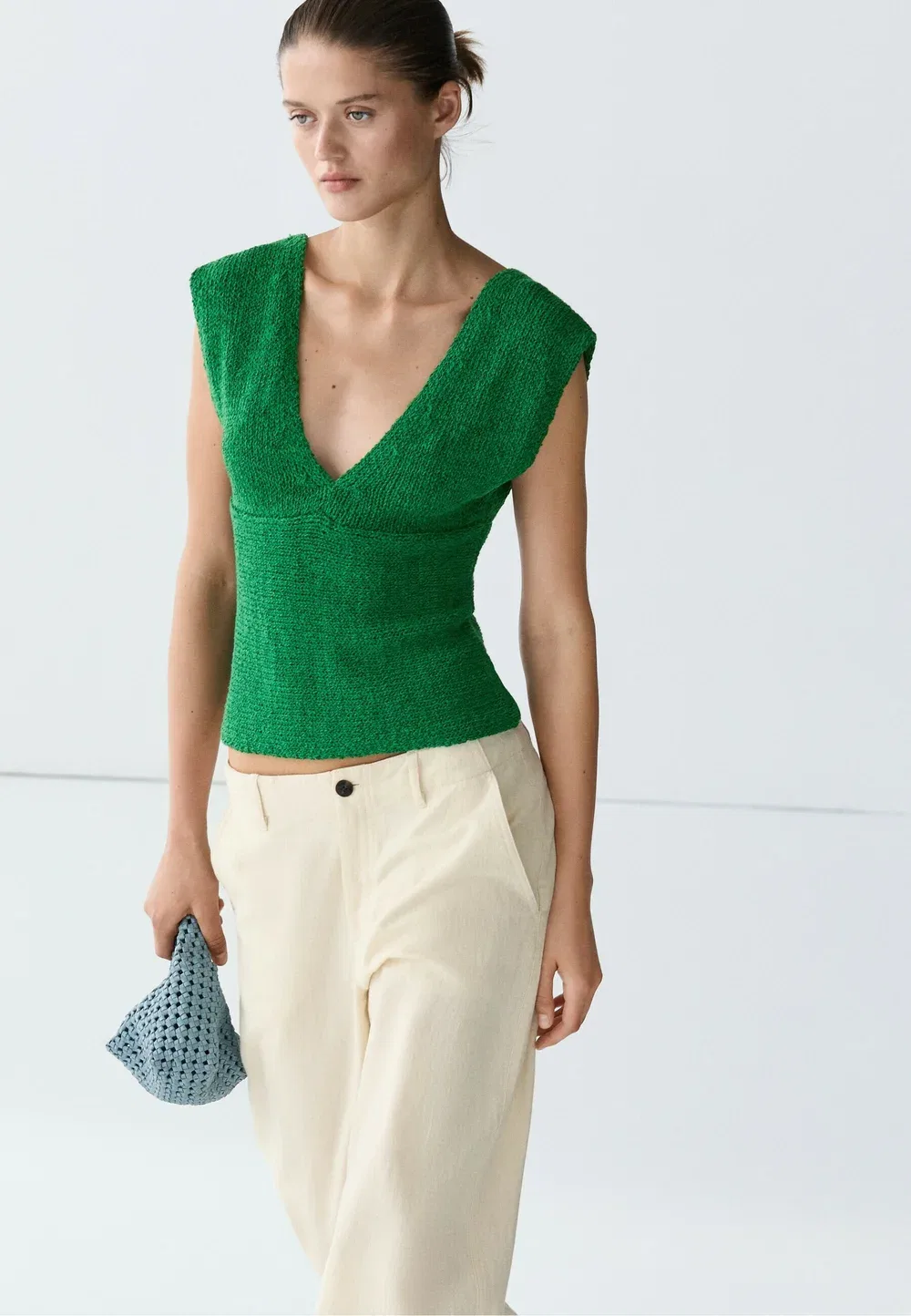 Вязаный топ с V-образным вырезом из смесовой хлопковой ткани Massimo Dutti, Mottled Dark Green