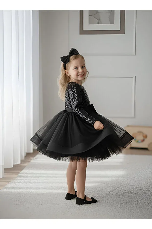 Детское платье для девочек с длинным рукавом Birthday party evening dress Mixie, Black — фото 4