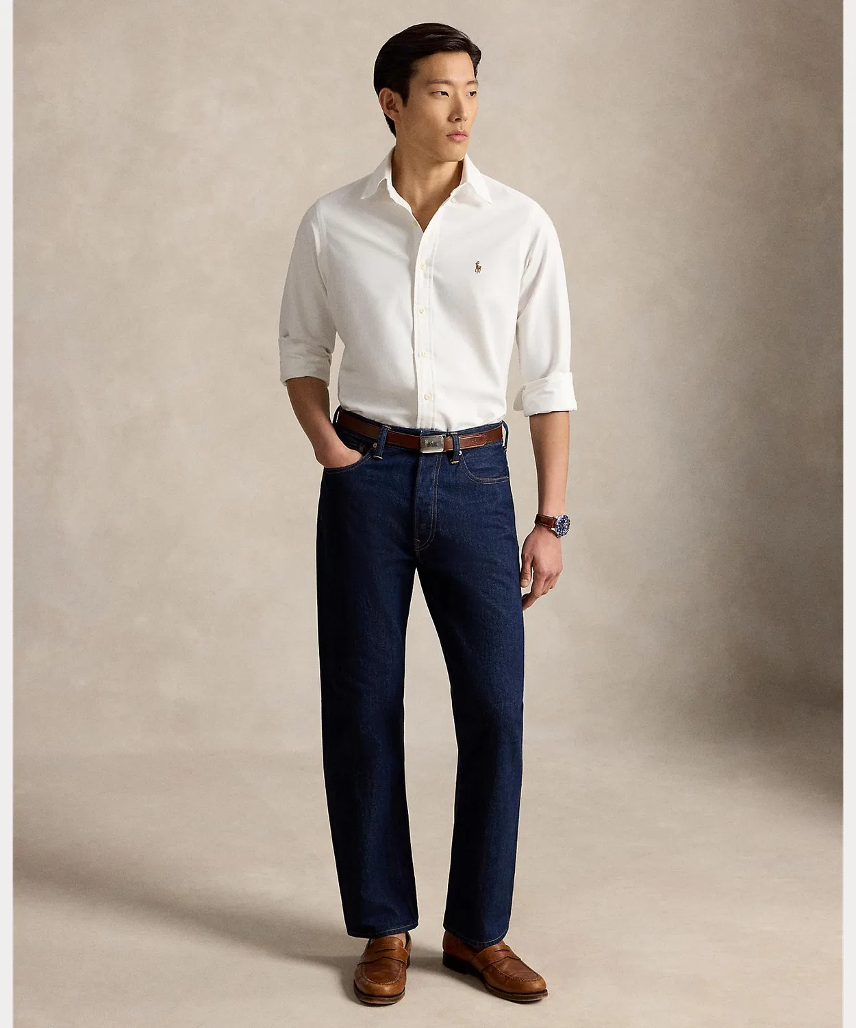 Мужская рубашка-оксфорд с длинным рукавом модель Iconic Oxford POLO RALPH LAUREN, Белый — фото 3