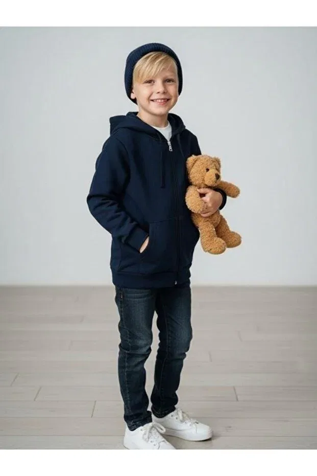 Детское пальто-кардиган на молнии с капюшоном хлопковое Zekids, Navy Blue — фото 4