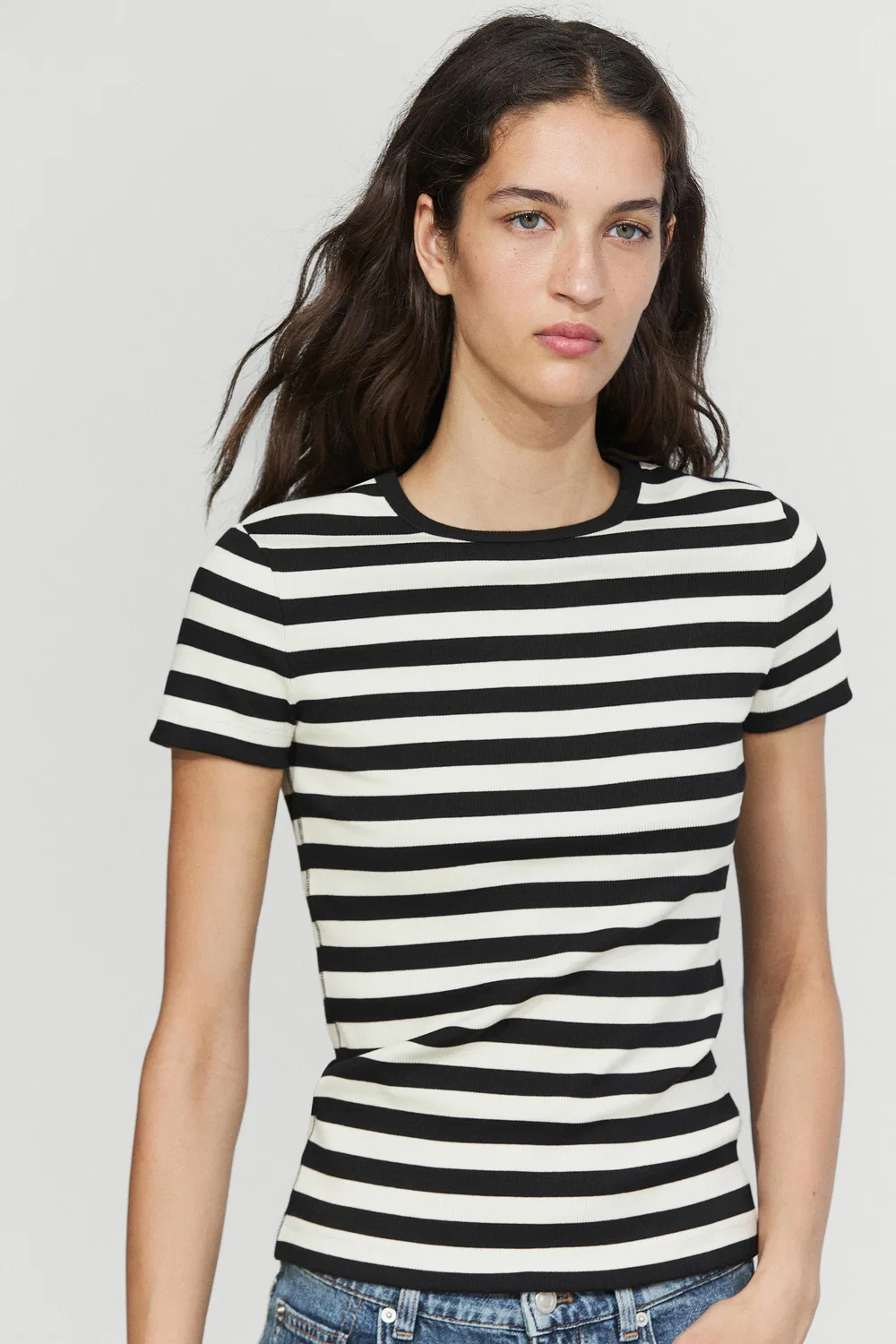 Футболка Massimo Dutti Short Sleeve Striped Cotton Blend, черный/кремовый