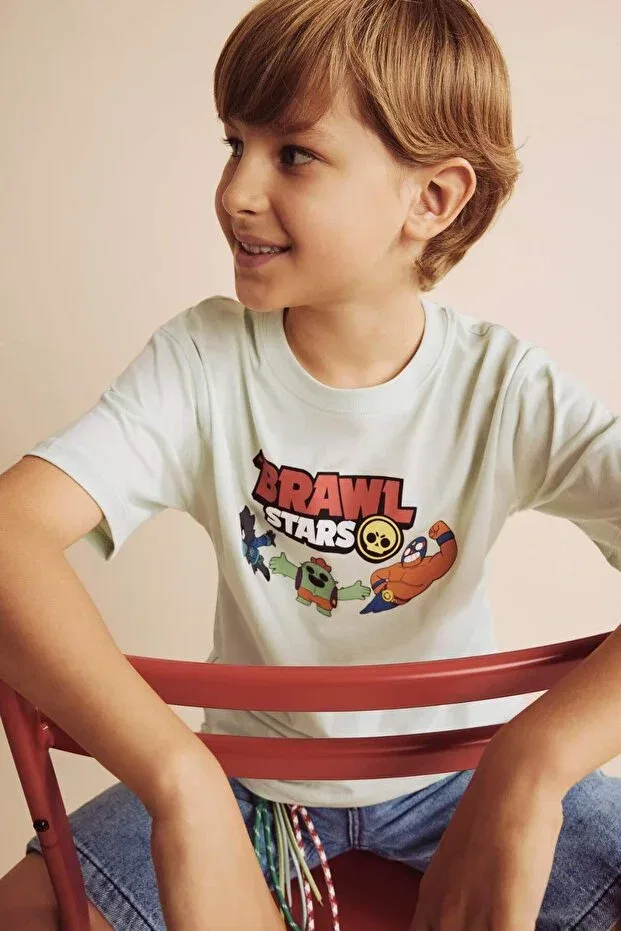 Детская футболка для мальчиков с принтом Brawl Stars Oversized Crew Neck Short Sleeve T-Shirt Defacto, Green Gn1139
