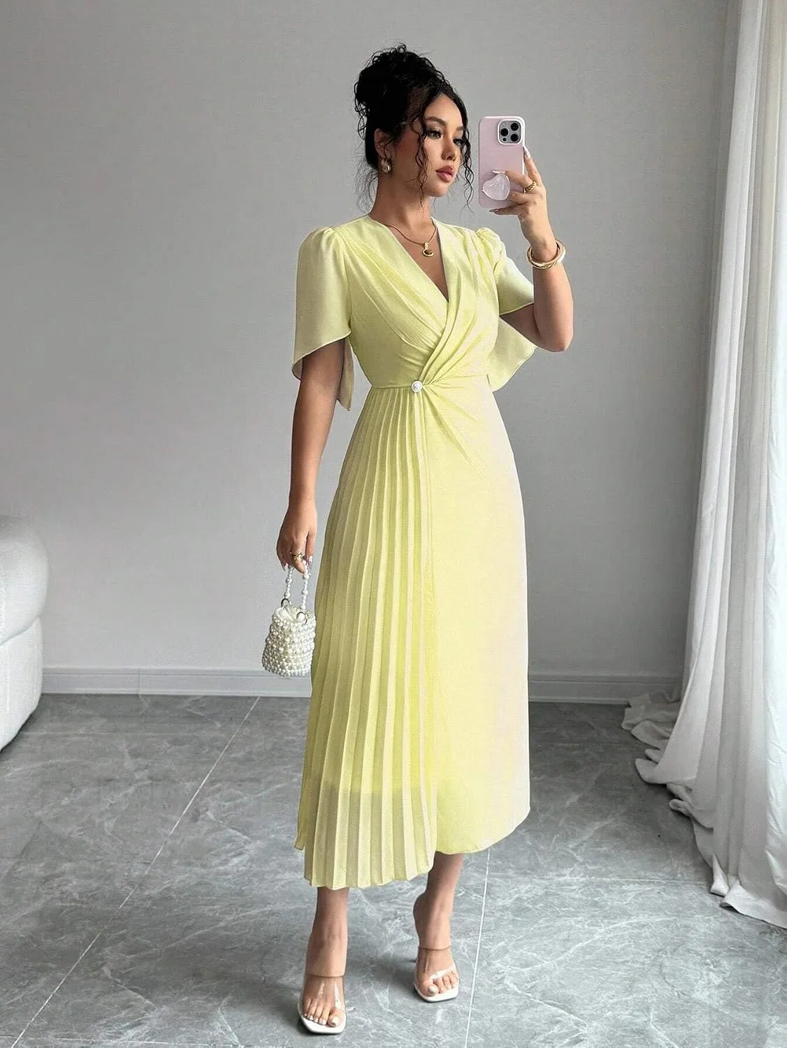 Женское миди-платье с запахом V-образным вырезом, Yellow — фото 4