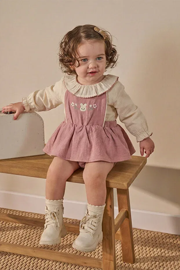 Детский комбинезон для девочек с длинным рукавом Embroidery detailed holiday dress for baby girls with shirt, salopet dress Minipodyum, Powder — фото 2