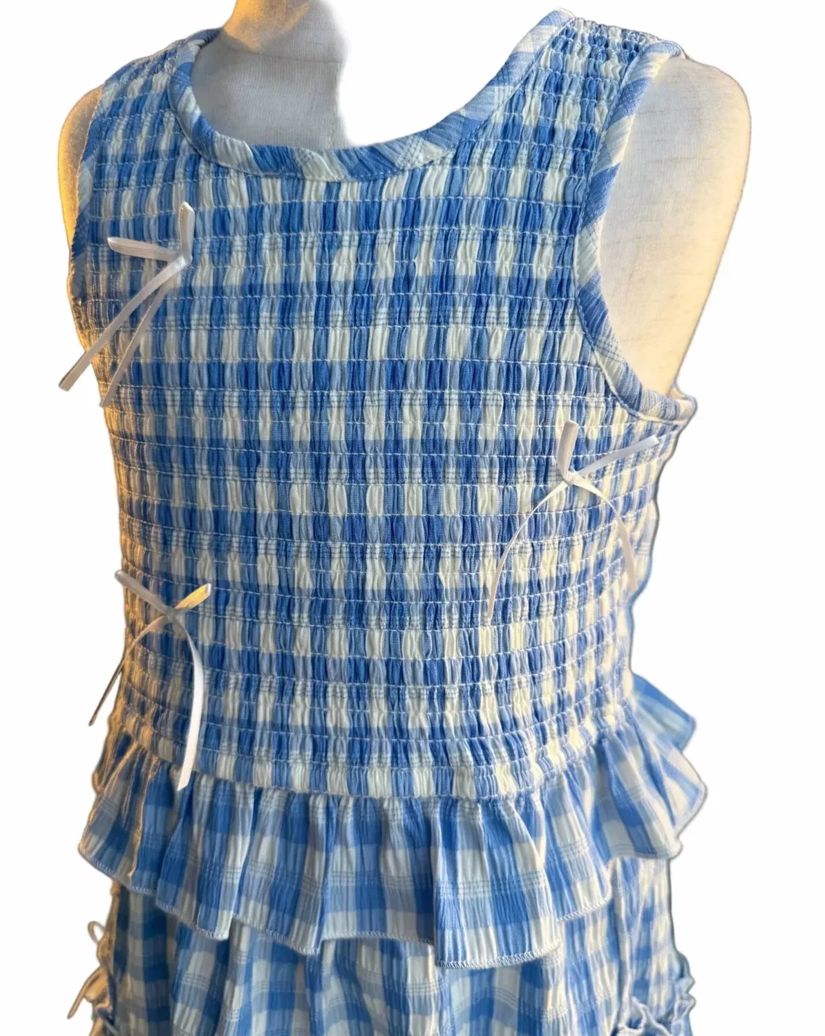 Детская блузка без рукавов с принтом Smocked Gingham Top Hannah Banana, Blue /white — фото 3