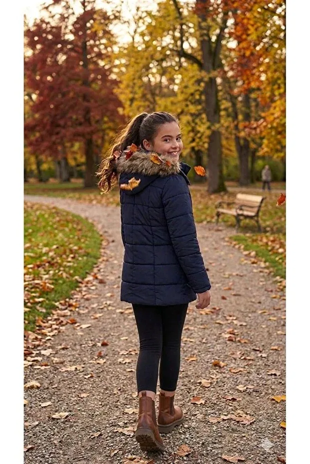 Детское пальто для девочек с длинным рукавом Faux fur detailed waterproof girls' winter parka Haanbebe, Navy Blue — фото 3