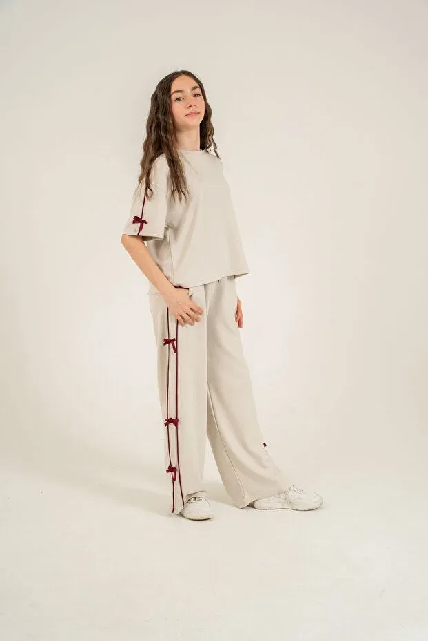 Детский комплект спортивного костюма для девочек с бантами Mışıl Kids, Beige — фото 2