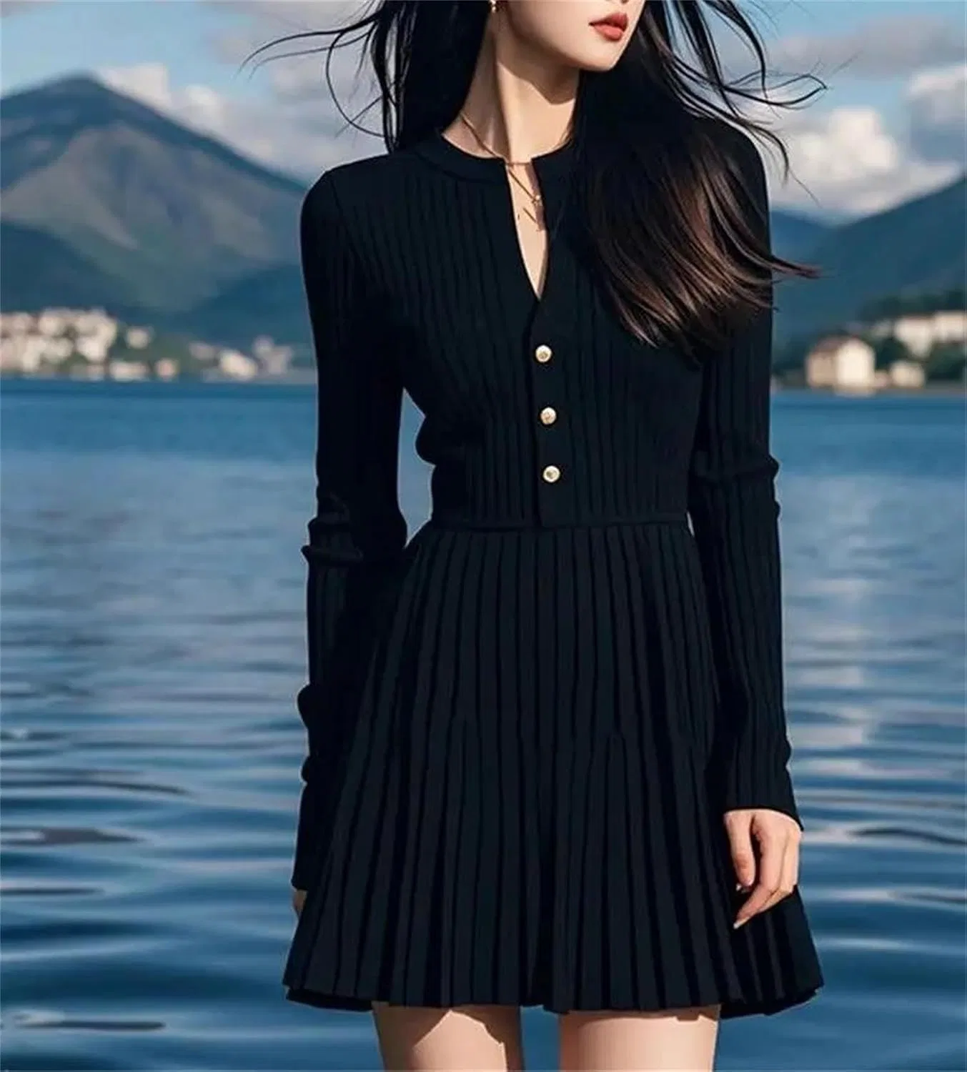 Женское A-силуэта платье с облегающей талией Generic, Black — фото 3