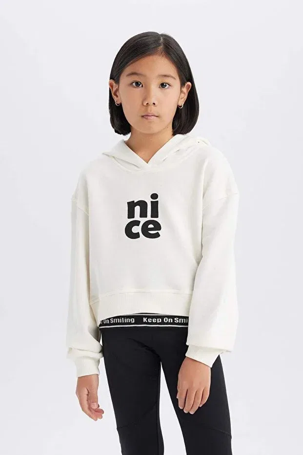 Детское худи для девочек свободного кроя с принтом Relax fit hooded printed sweatshirt for girls e0462a825sp Defacto, Ecru-Er854 — фото 3