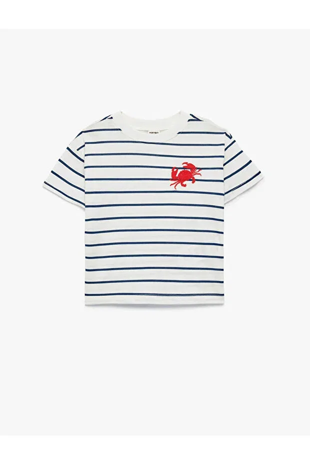 Детская футболка для девочек с принтом Cotton Crab Embroidery Detailed Koton, Ecru Striped