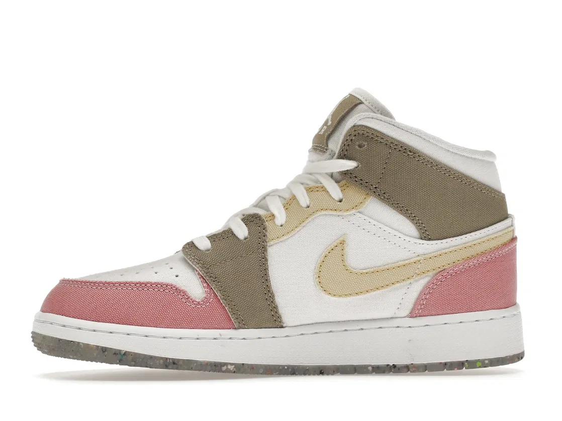 Детские кроссовки высокие с пастельным принтом Jordan 1 Mid SE Pastel Grind, White/Vivid Green-Pink-Tan — фото 3