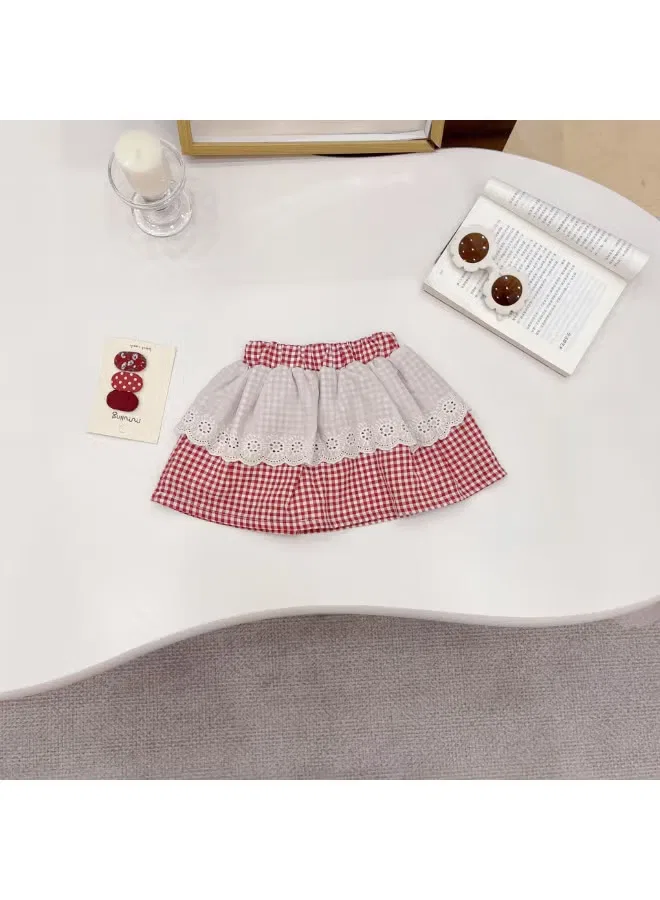 Комплект для девочки с принтом в клетку, модель Ruffle Strap Top & Lace Trim Skirt, Ayada Home, красный — фото 4