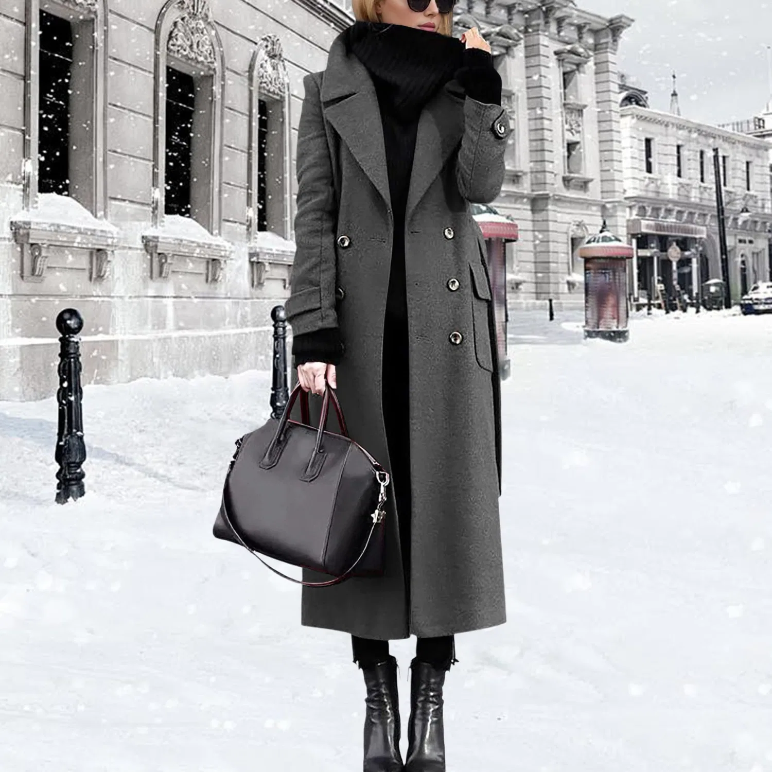 Женское зимнее двубортное пальто с поясом, Grigio scuro — фото 2