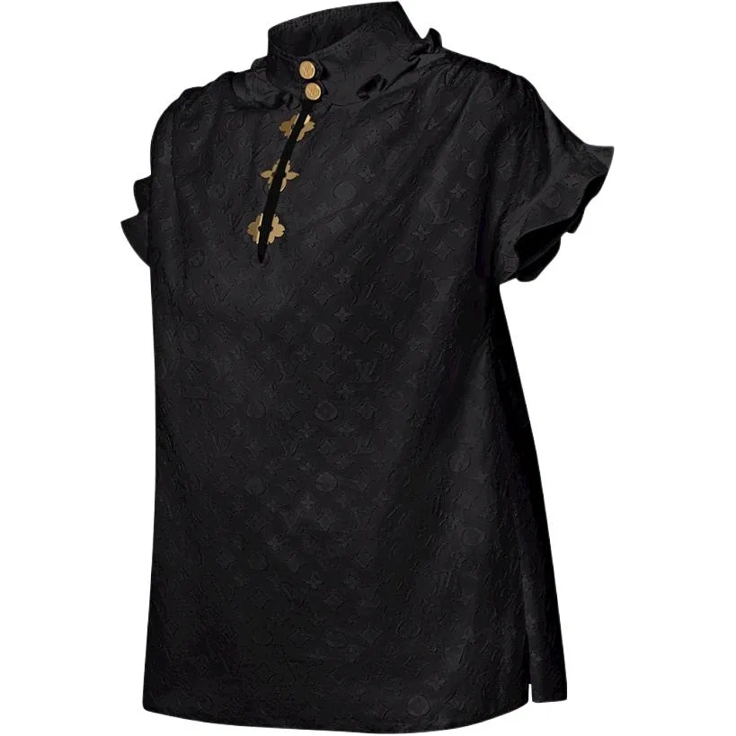 Женская рубашка с монограммой, черная, прямой крой, воротник-стойка, LOUIS VUITTON, Black — фото 4