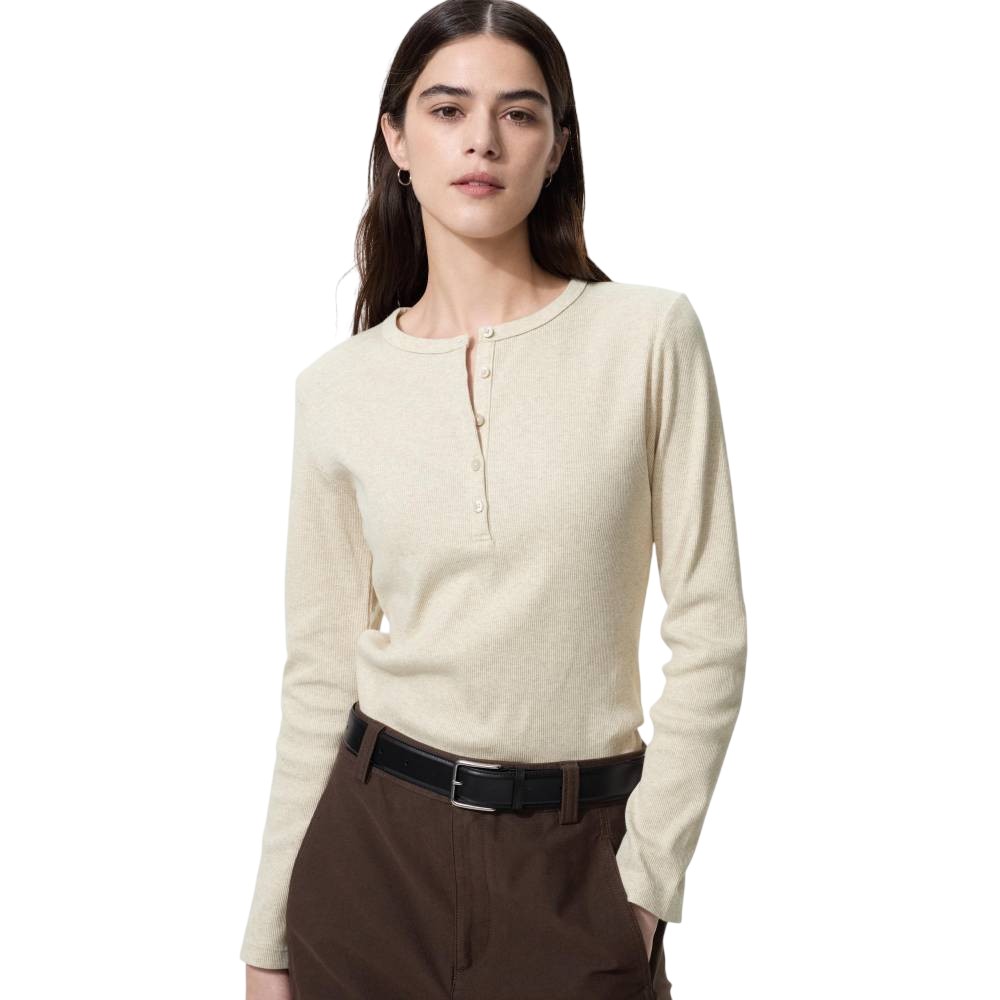 Лонгслив Uniqlo Ribbed Henley Neck T-shirt, 30 бежевый
