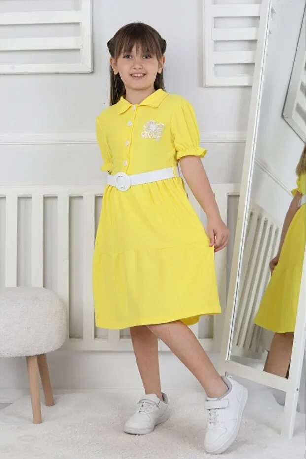 Детское платье для девочек с принтом Belted wrinkled fabric eid children's dress aby226 Abiyekids, Sarı — фото 2