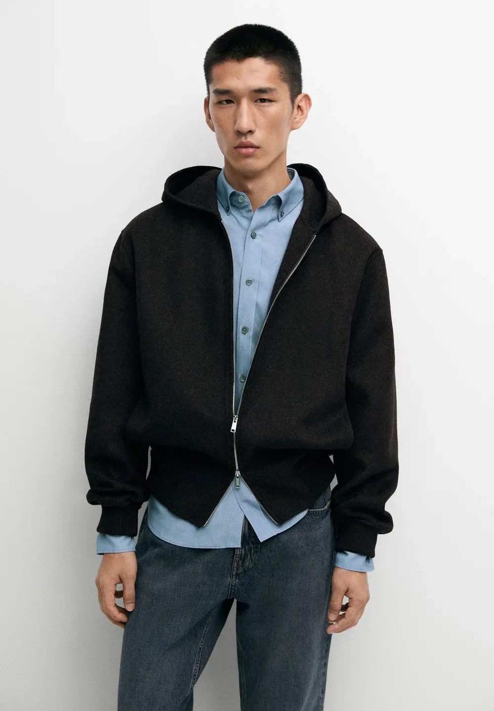 Куртка-Кардиган с капюшоном из двойной вязки из шерстяной смеси Massimo Dutti, Dark Grey