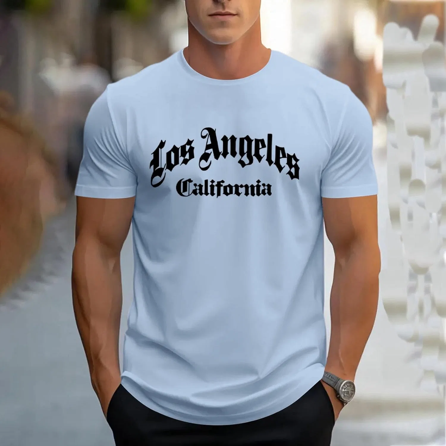 Мужская футболка с принтом Los Angeles California Old School Summer, Light Blue — фото 2