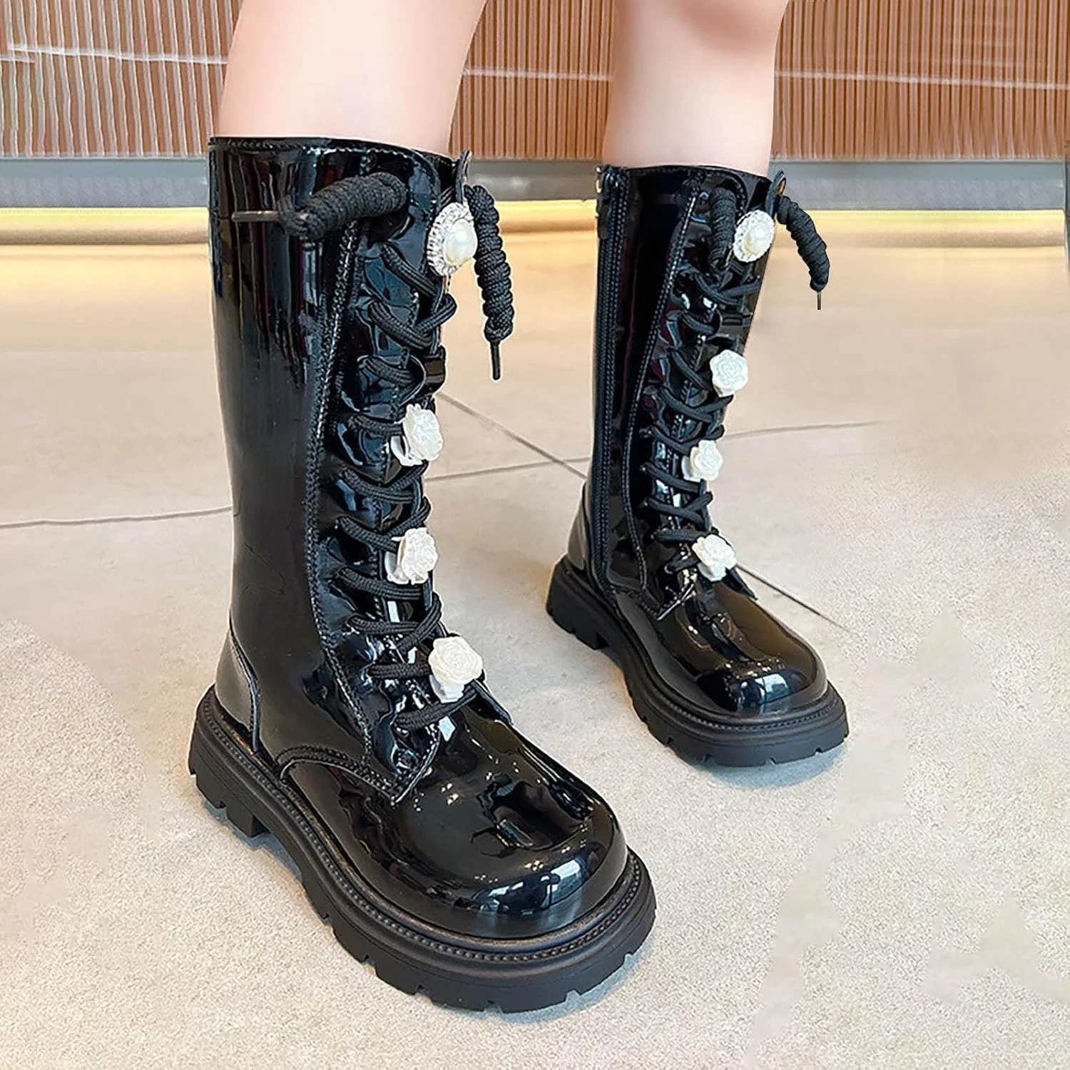 Детские ботинки на шнуровке с молнией из PU-кожи, модель Combat Boots, Black — фото 2