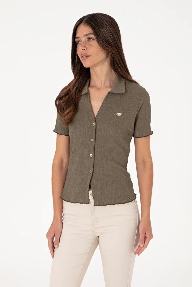 Женская хлопковая рубашка с коротким рукавом U.S. Polo Assn., Taupe — фото 2