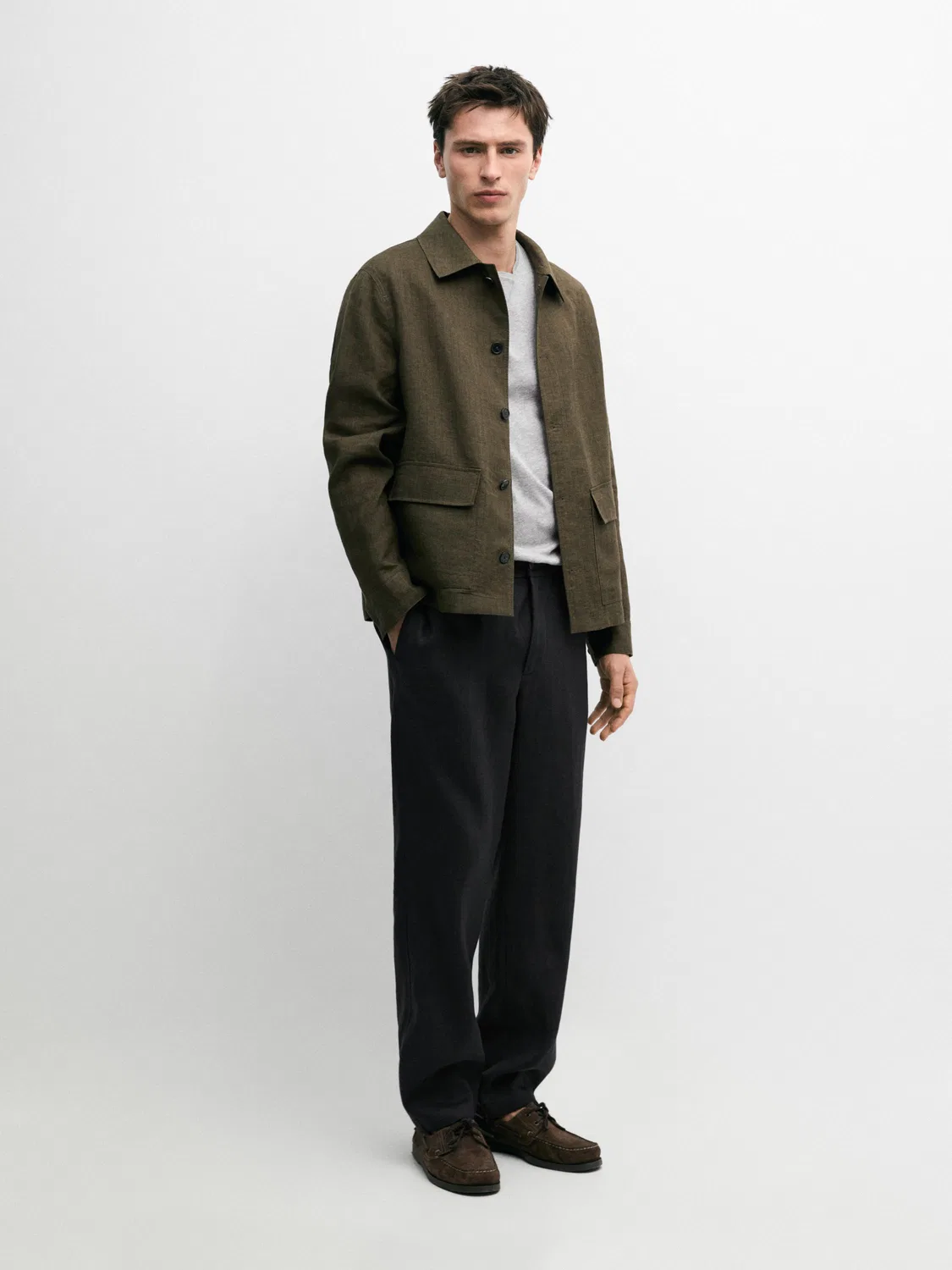 Рубашка-Куртка из 100% льна с карманами и полосатой отделкой Massimo Dutti, зеленый