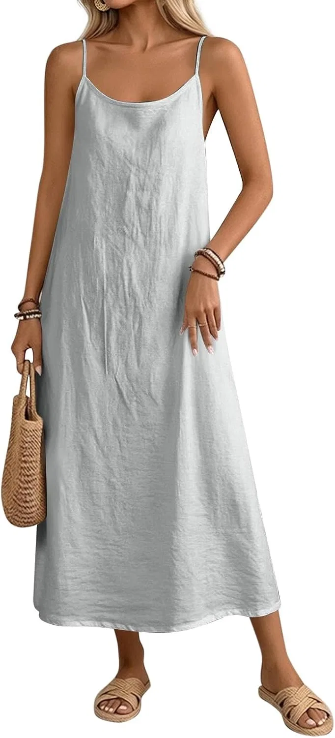 Женское летнее макси-платье на бретелях Cotton Linen, White