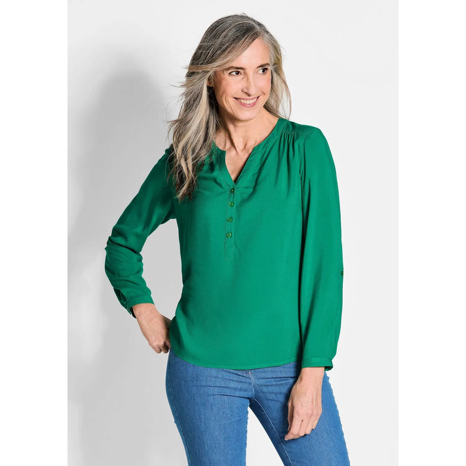 Женская блуза с V-образным вырезом и складками GOLDNER, Dark Green — фото 4