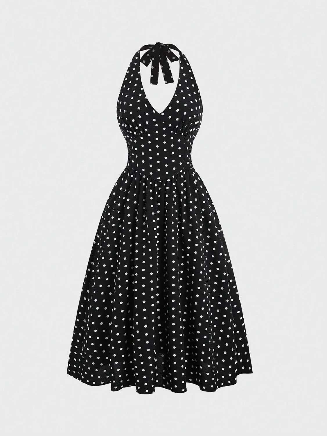 Женское A-силуэта платье без спины с галстуком Polka Dot, Black/White — фото 4
