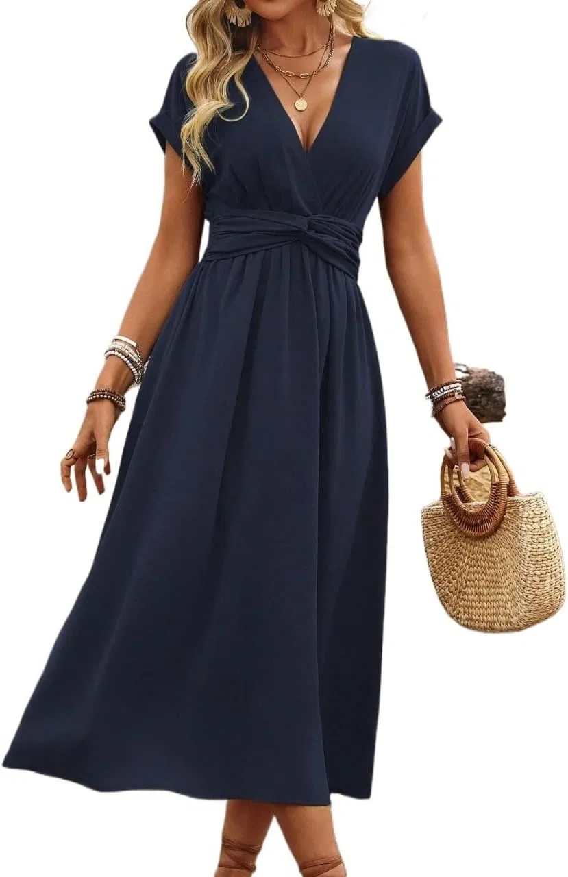 Женское платье-миди с V-образным вырезом A-line, Navy Blue — фото 3
