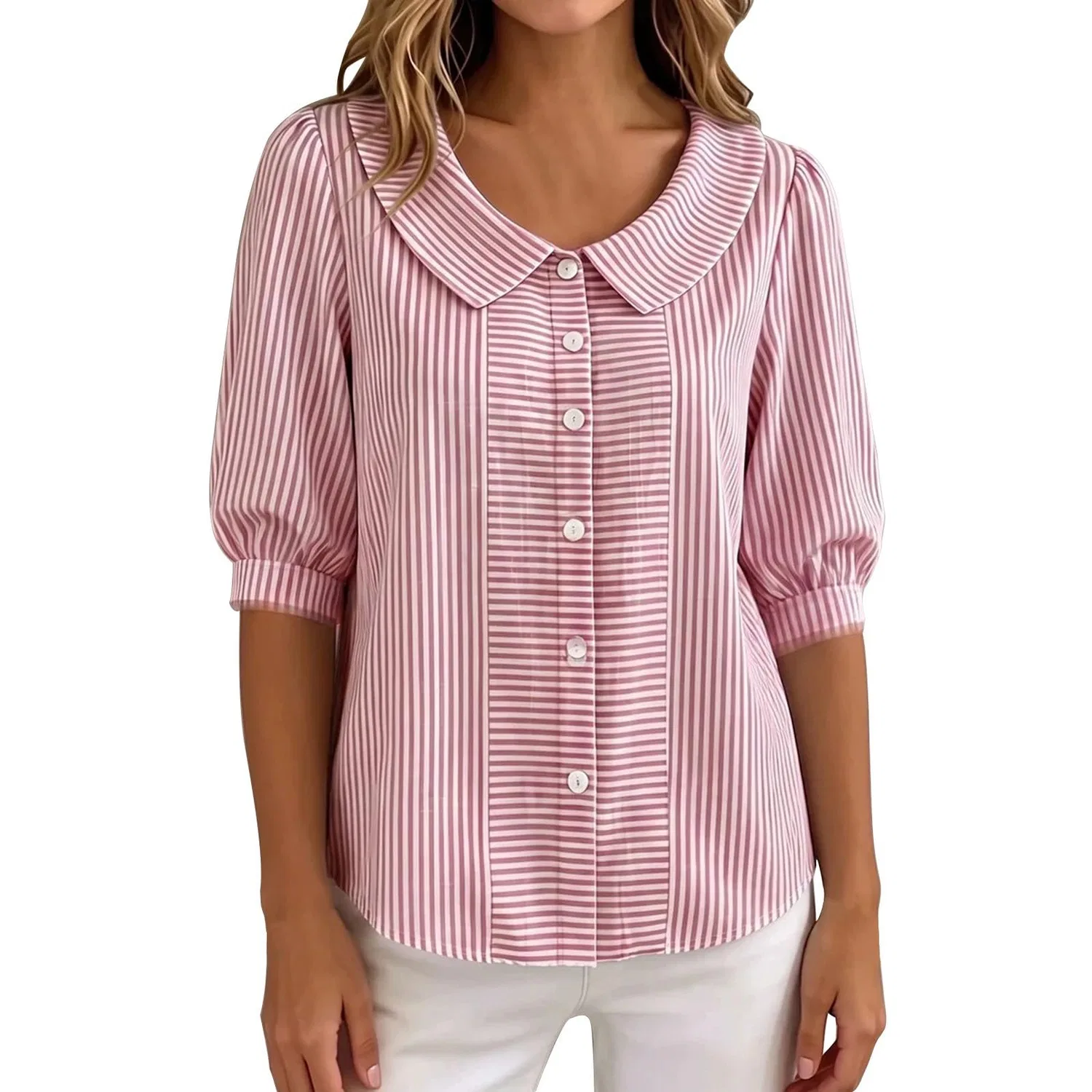 Женская блуза с коротким рукавом, Striped - Hot Pink