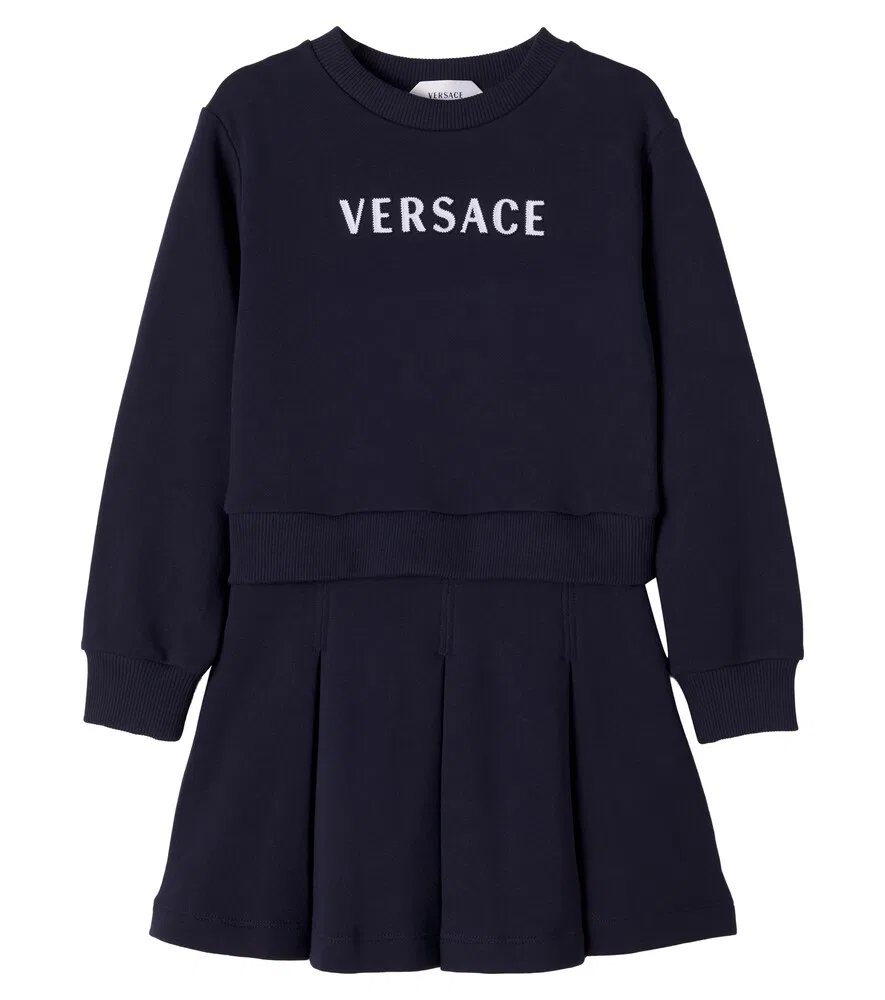 Платье из хлопкового трикотажа с вышитым логотипом Versace Kids, синий