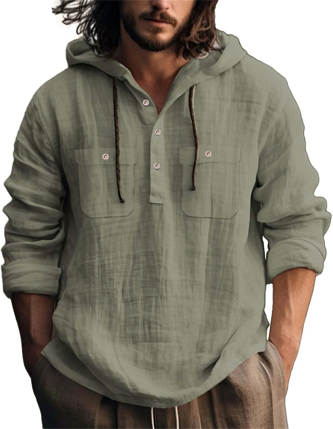 

Мужская дышащая хлопковая льняная толстовка с длинным рукавом и капюшоном, легкая куртка на пуговицах для весны и осени ESKNAS