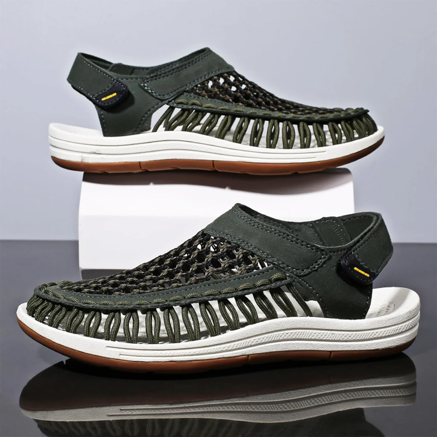 Men's Woven Slip-On Сандалии Breathable Flat Сандалии Lightweight Mesh Сандалии for Men Outdoor Black Casual Water Shoes Dacnakby, зеленый — фото 4