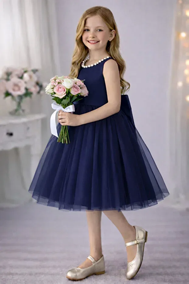 Детское платье для девочек с принтом Violet Model Collar Pearl Girls Dress Satin Top, Fluffy Dream Tulle Special Occasion Dress Suneh, Navy Blue — фото 2