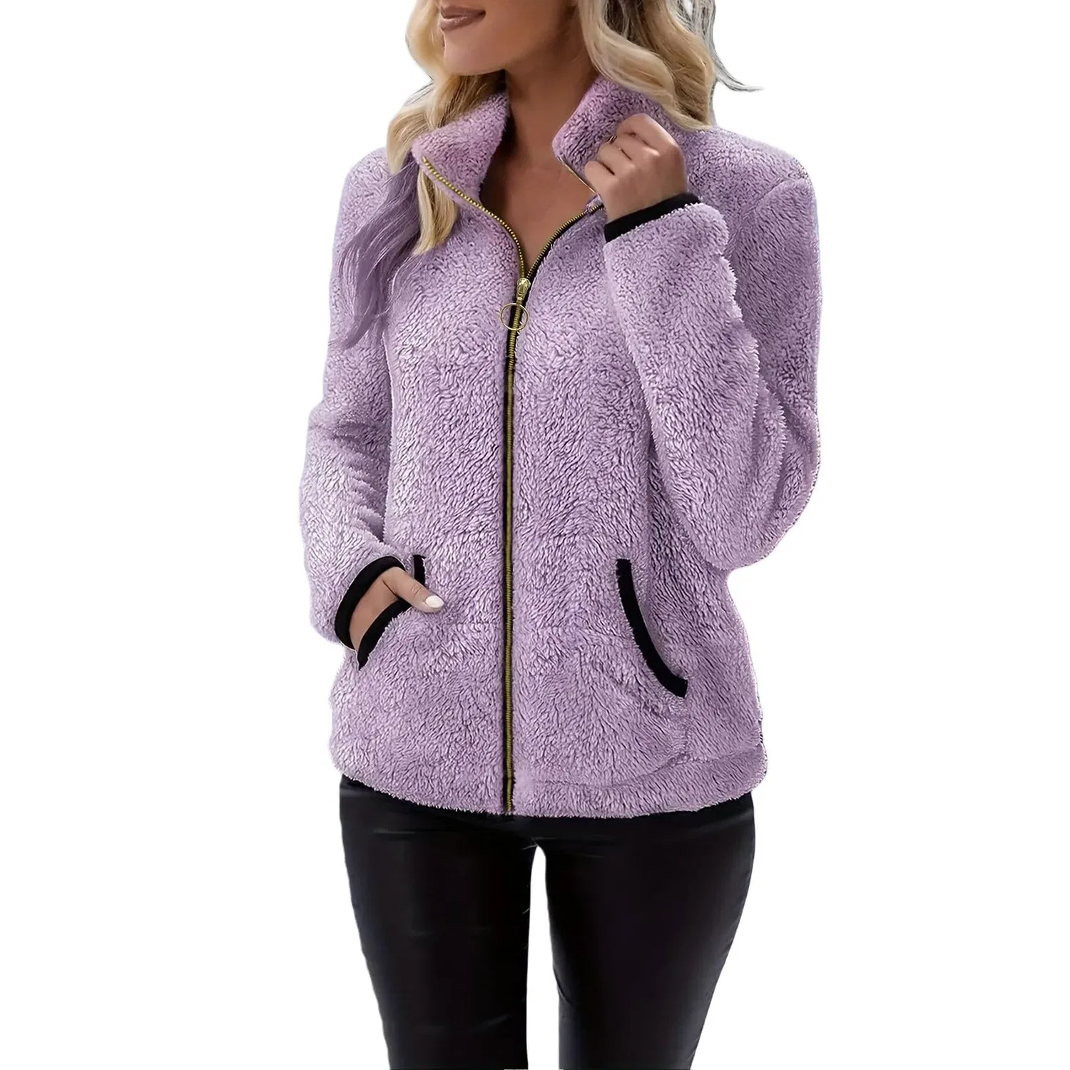 Женская куртка из флиса с воротником-стойкой и молнией, Light Purple