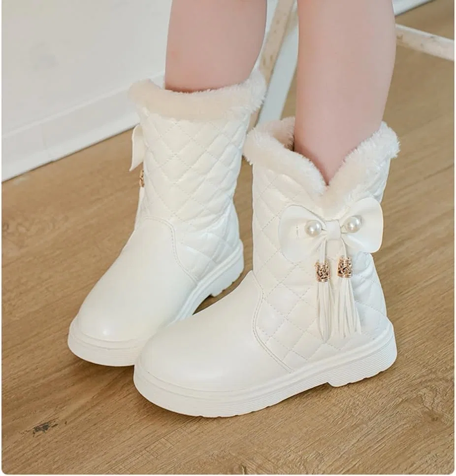 Детские зимние сапоги для девочек с мехом и бантом Auhoho, Beige — фото 4