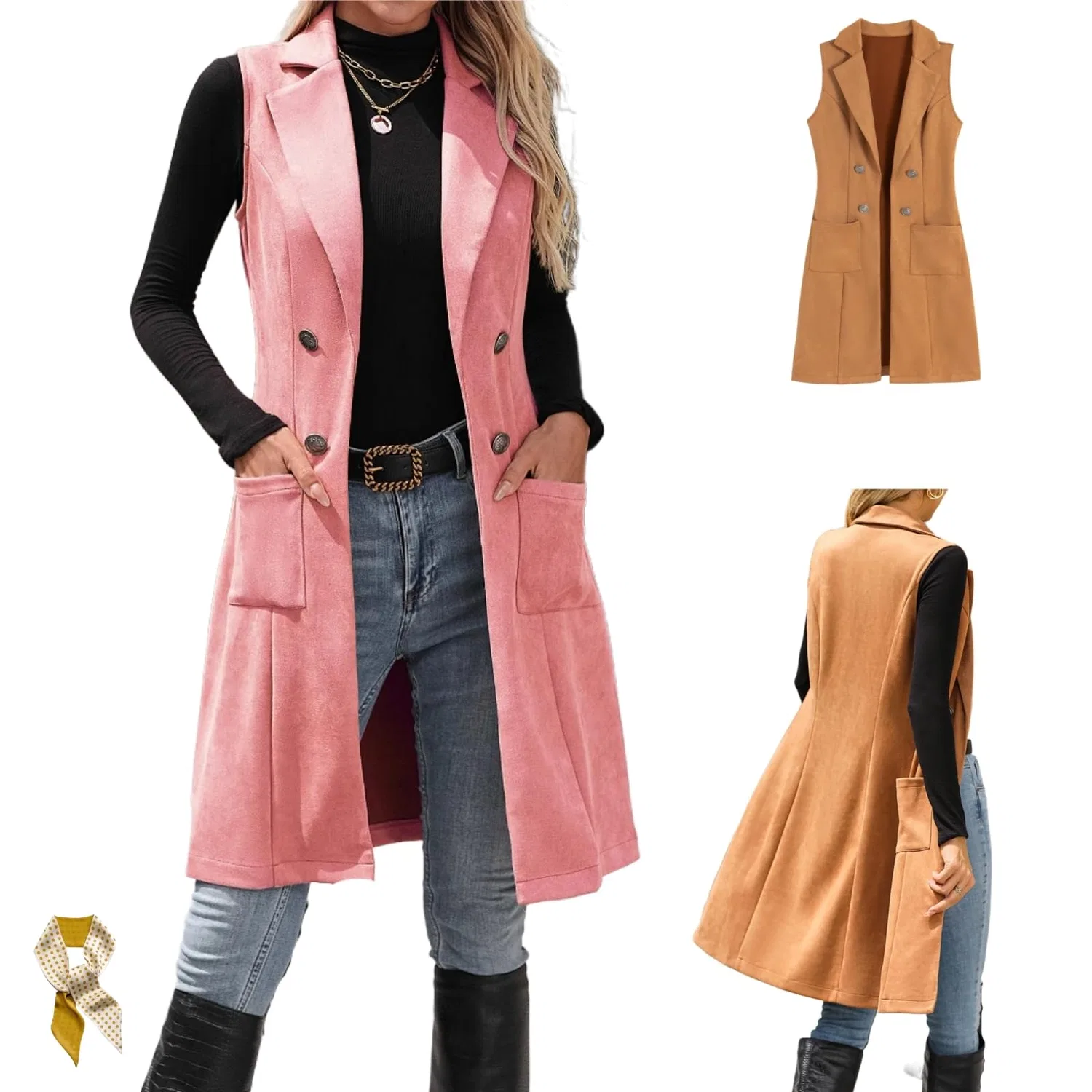 Женский жилет без рукавов с запахом из искусственной замши, Pink
