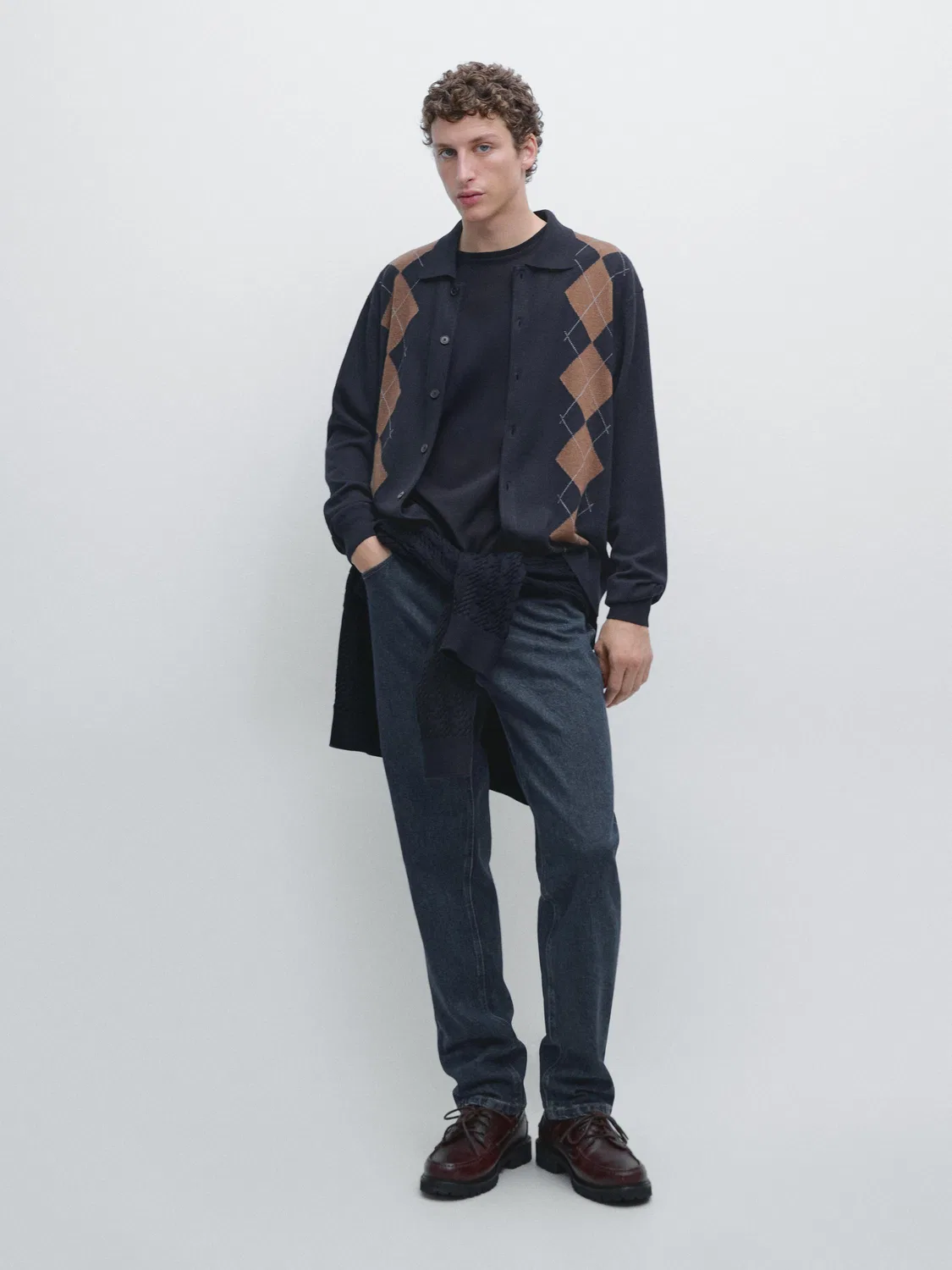 Кардиган из шерстяной смеси с ромбовидным узором Massimo Dutti, темно-синий