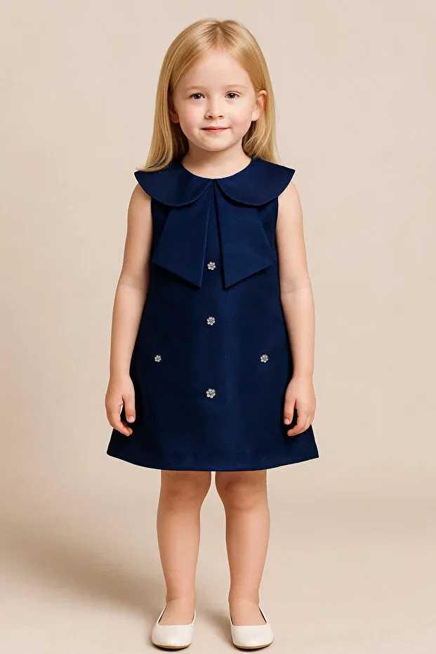 Детское платье для девочек с принтом Pearl Embroidered Girls' Dress Melek Golden, Navy Blue