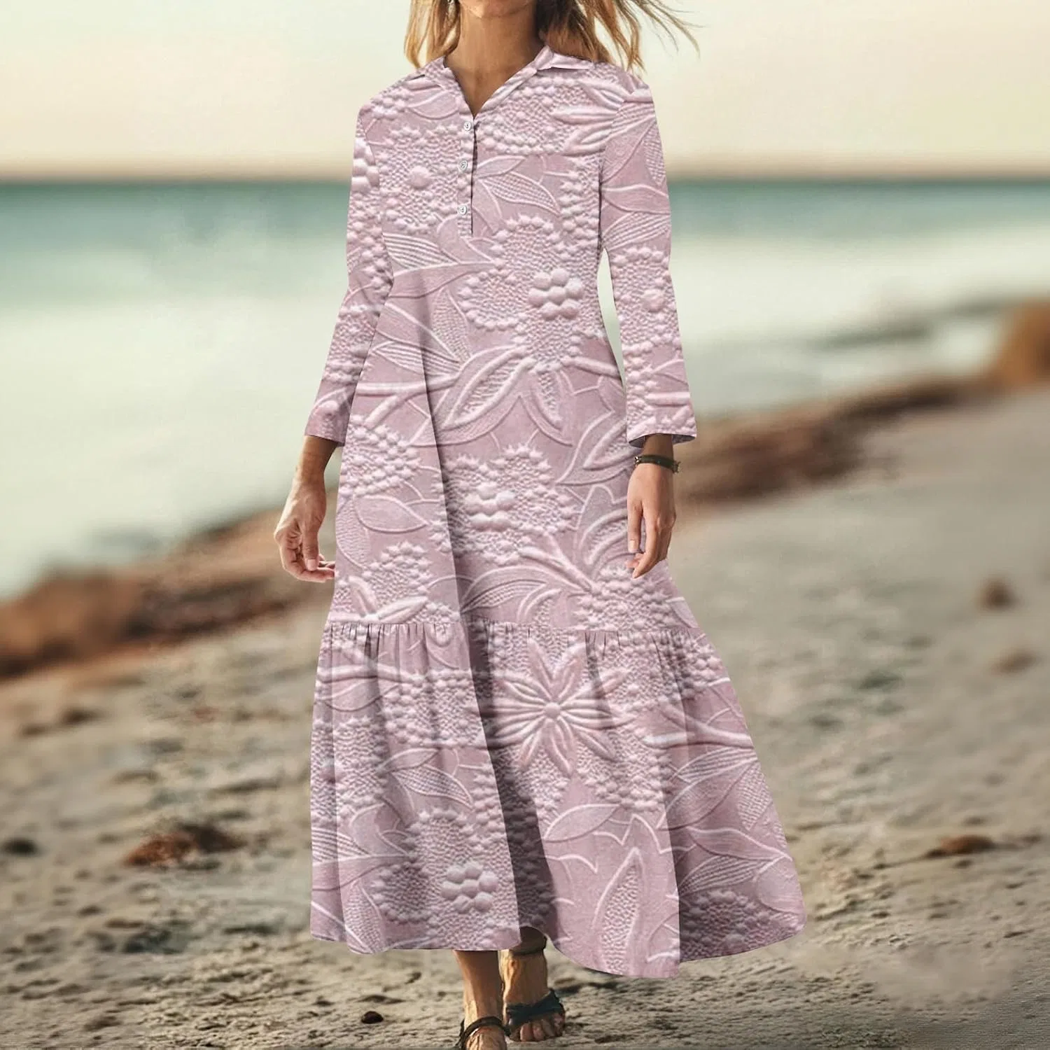 Платье-рубашка макси с цветочным принтом, Plus Size, Pink — фото 3