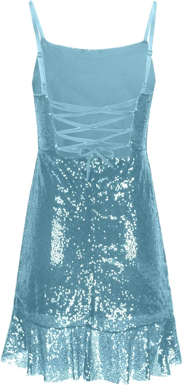 Женское блестящее пайеточное мини-платье на бретелях Bodycon, Light Blue — фото 2