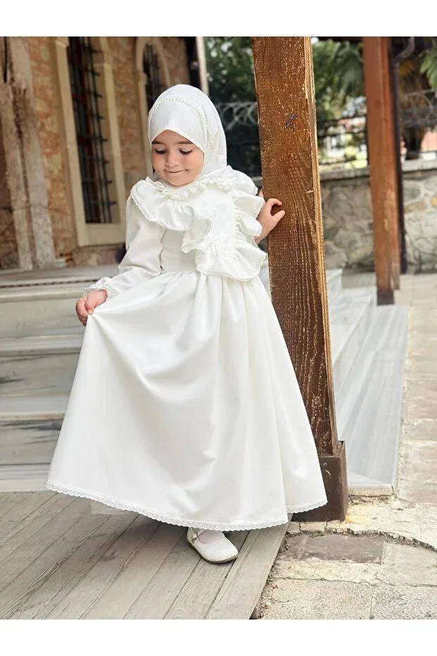 Детское платье для девочек с длинным рукавом Ayperi hijab dress Linarookids, White — фото 3