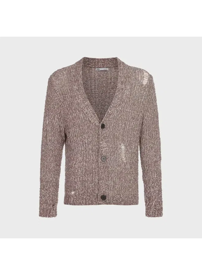 Кардиган вязаный с длинным рукавом и контрастными панелями Zara, коричневый — фото 2