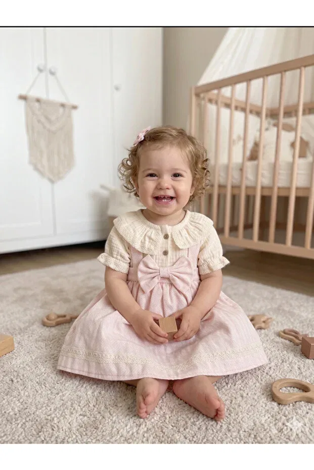 Детское платье для девочек хлопковое Vintage style one-piece baby dress - with bow detail, checkered muslin and gilet look Balımbebe, Pink
