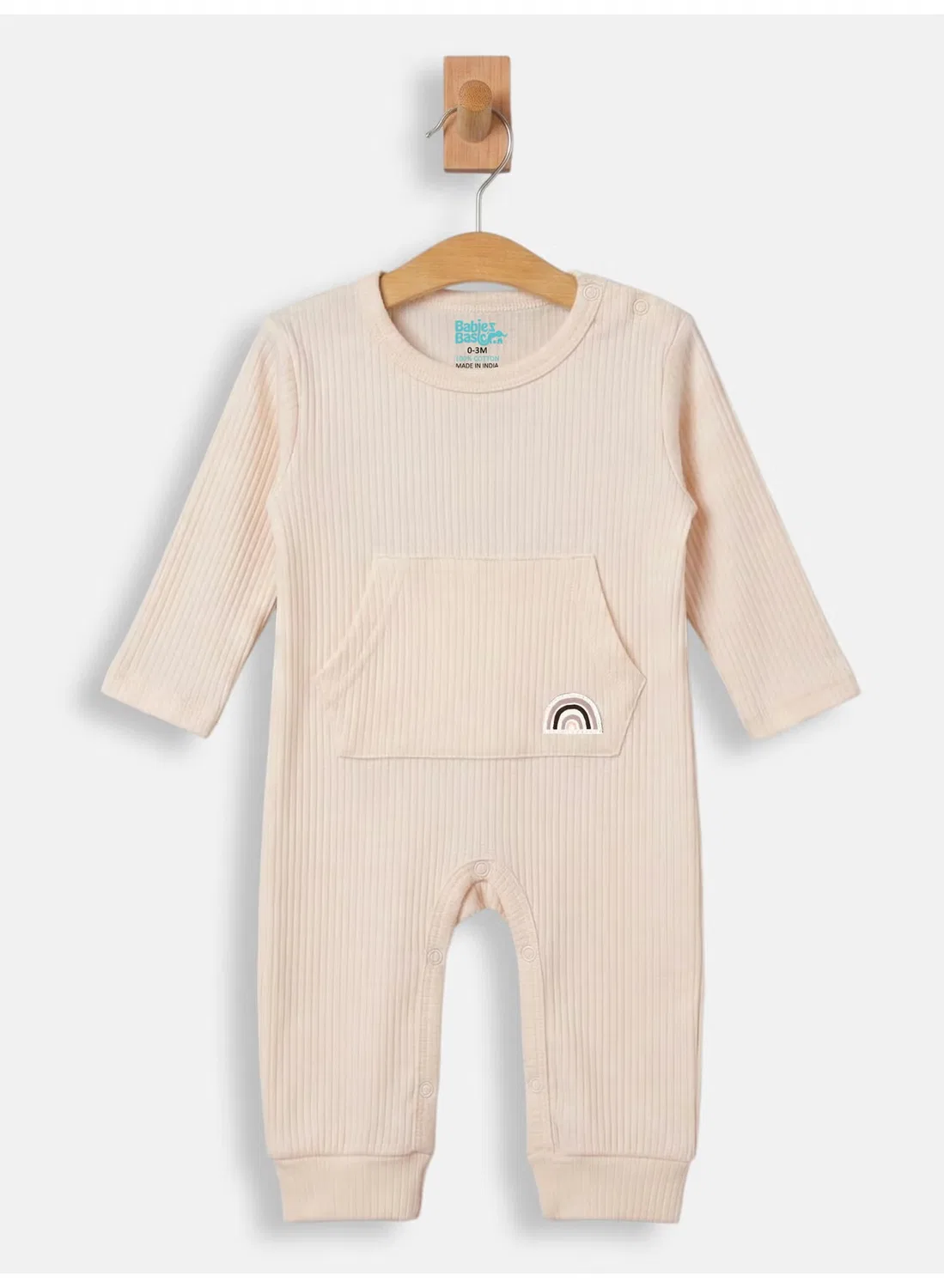 Комплект из ребристого хлопка с комбинезоном, шапочкой и слюнявчиком Babies Basic, бежевый — фото 4