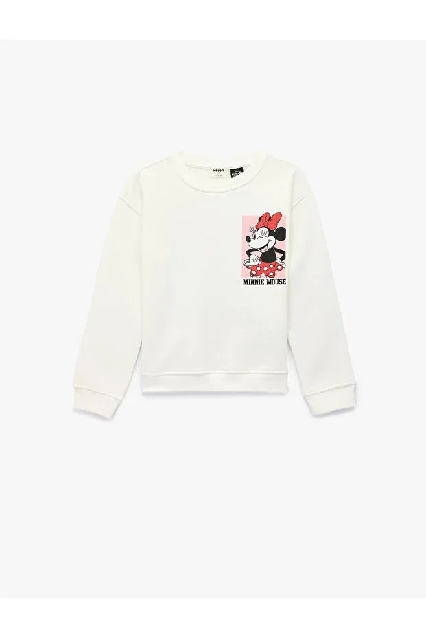Детские свитшот для девочек с принтом Minnie Mouse Printed Long Sleeve Crew Neck Licensed Fleece-Lined Koton, Ecru