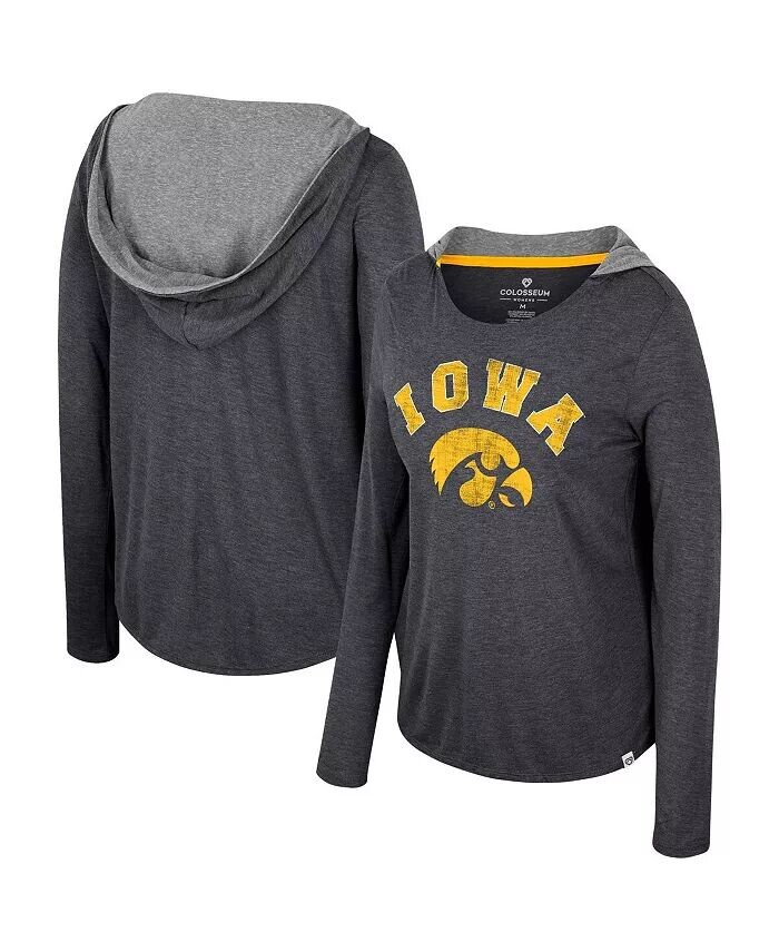 

Женская черная рваная футболка с капюшоном с длинными рукавами Iowa Hawkeyes Heather Colosseum