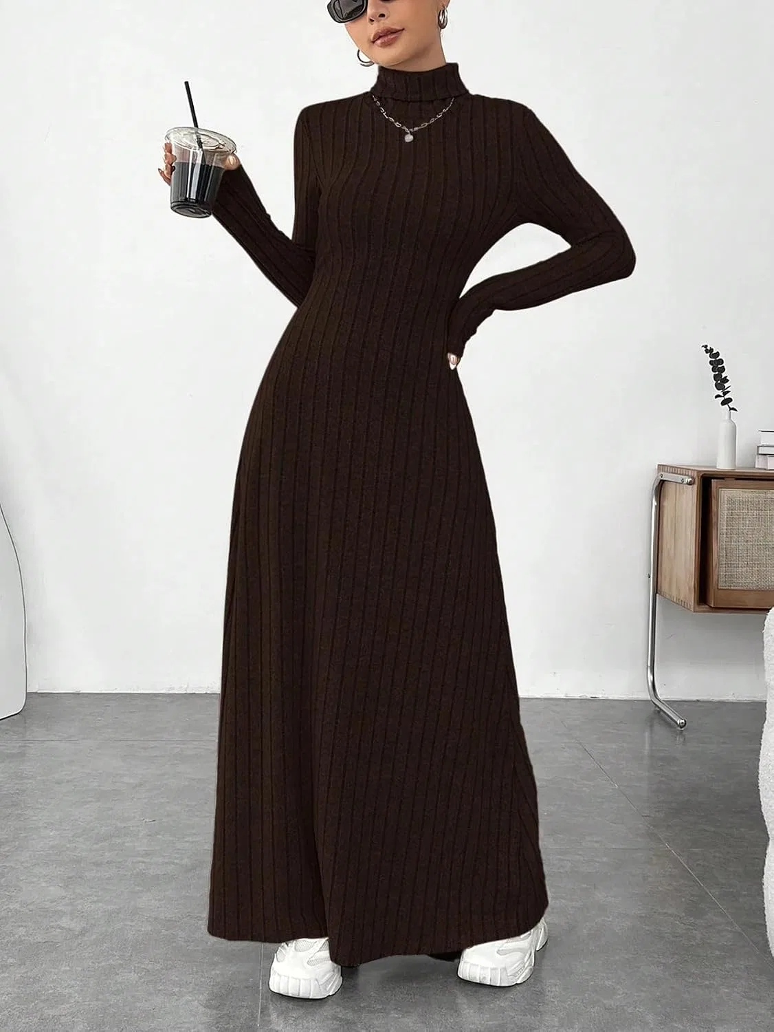 Женское платье с длинным рукавом флисовое A-line Brown — фото 3