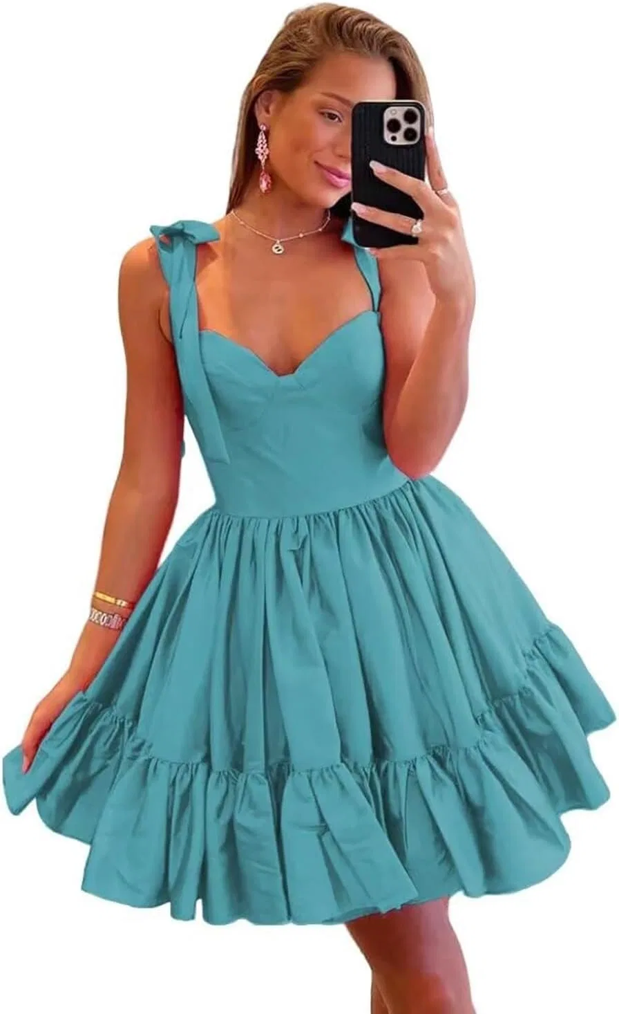 Женское короткое сатиновое платье A-силуэта с открытой спиной, Turquoise